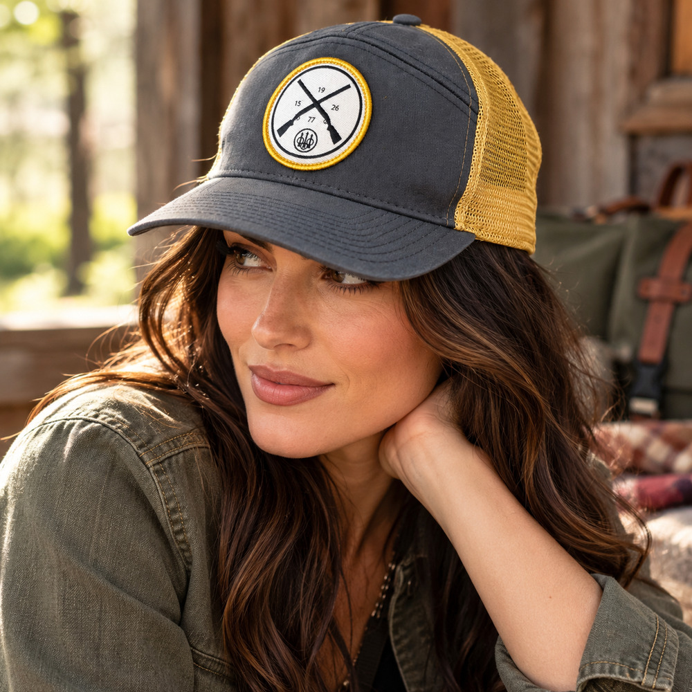 Beretta JS Trucker Hat Gray Gold Mesh Snapback Crossed Shotguns Patch Cap